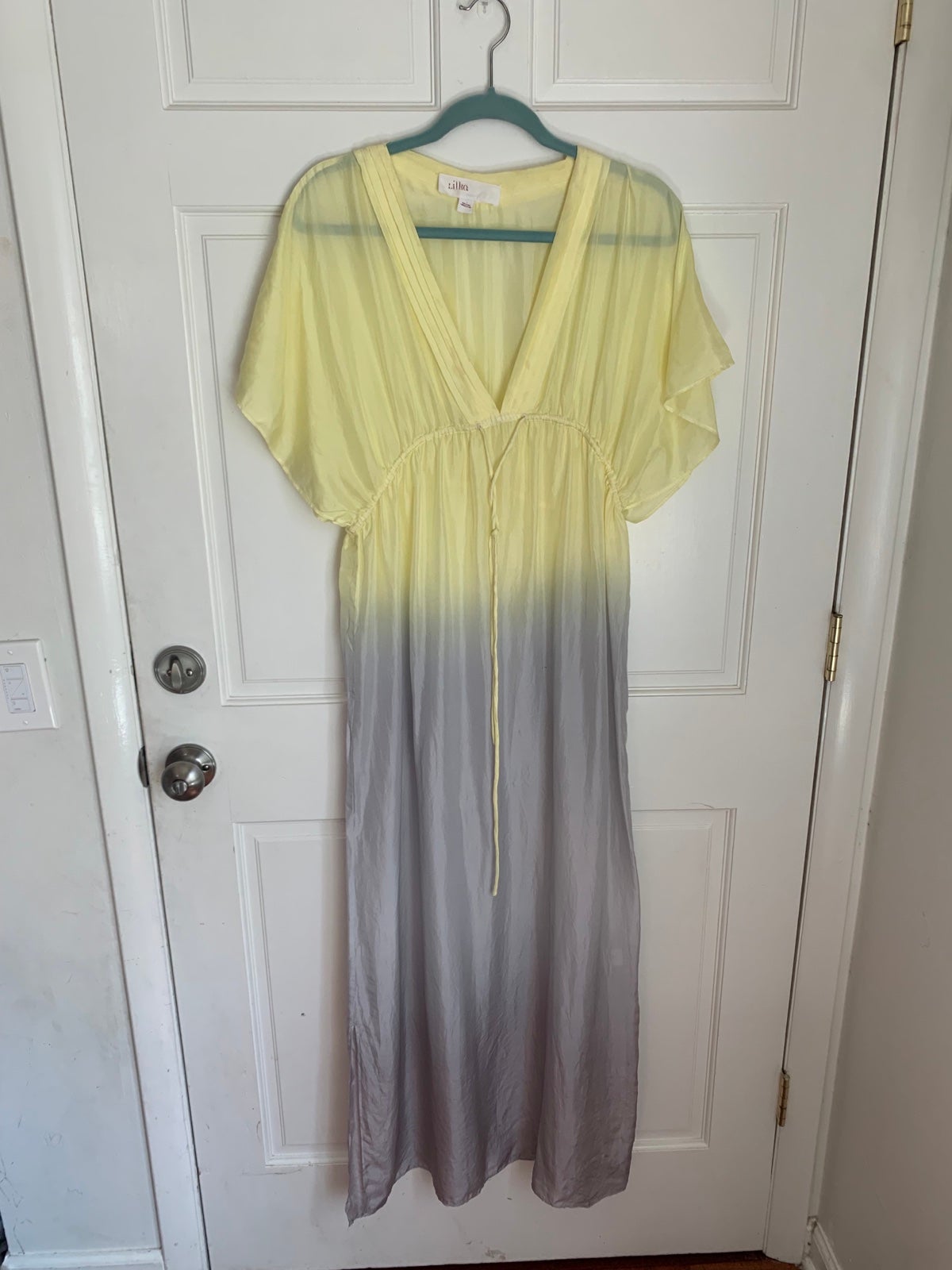 Lilka Anthropologie Gradient Silk Yellow Silver Gray Maxi Dress Coverup Lounge S