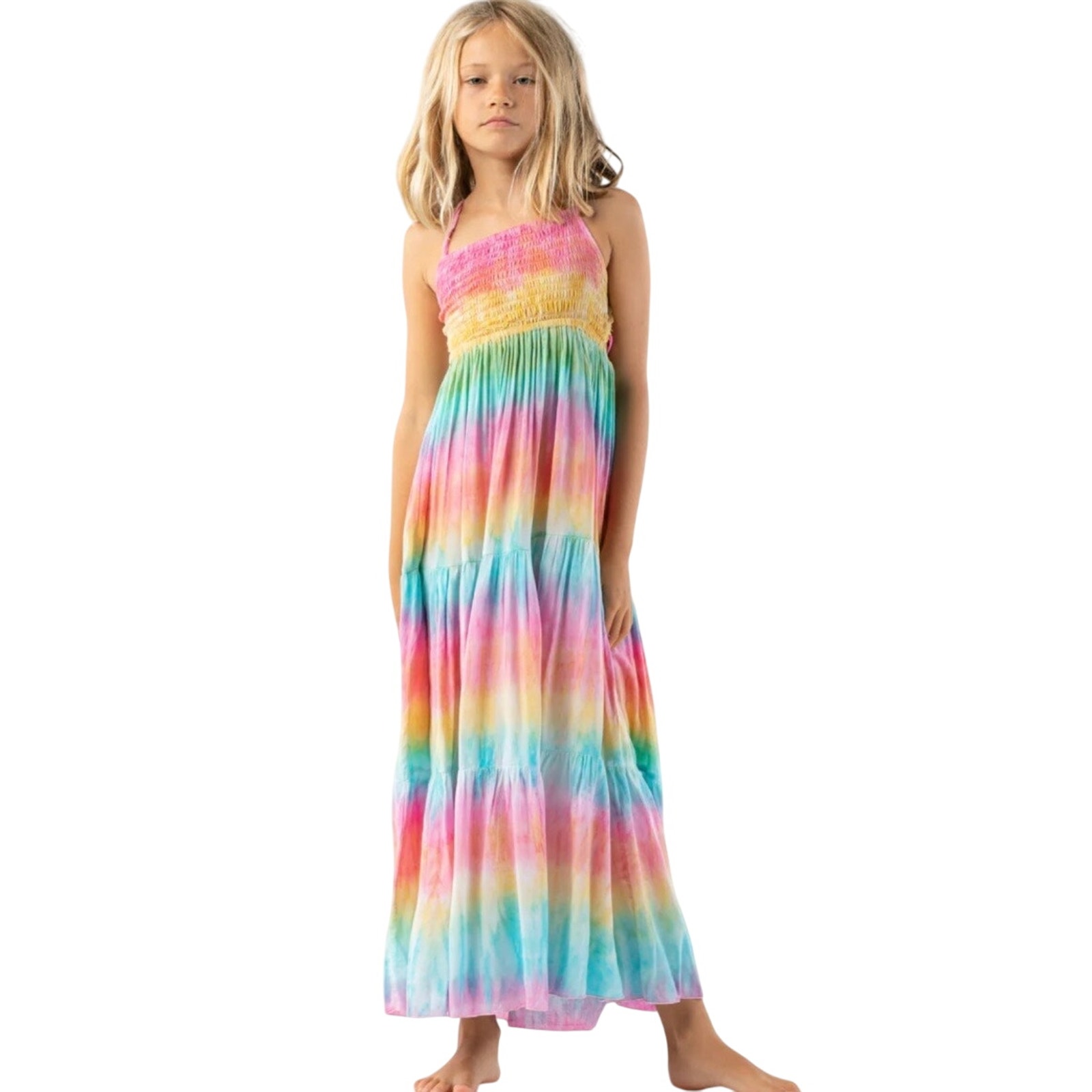 Tiare Hawaii Girls Kailani Lolli Tie Dye Halter Tiered Maxi Dress Size 10-12