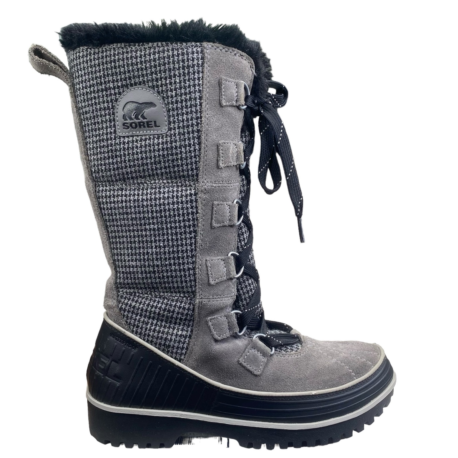 Sorel Women’s Tivoli Grey Houndstooth Lace Up Winter Boots Size US 6