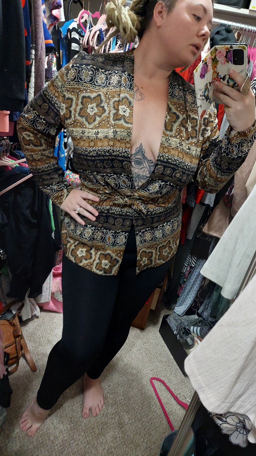 Mo Sport American Vintage ☆ Button Tie Front Rayon Pattern Funky Cardigan Top L