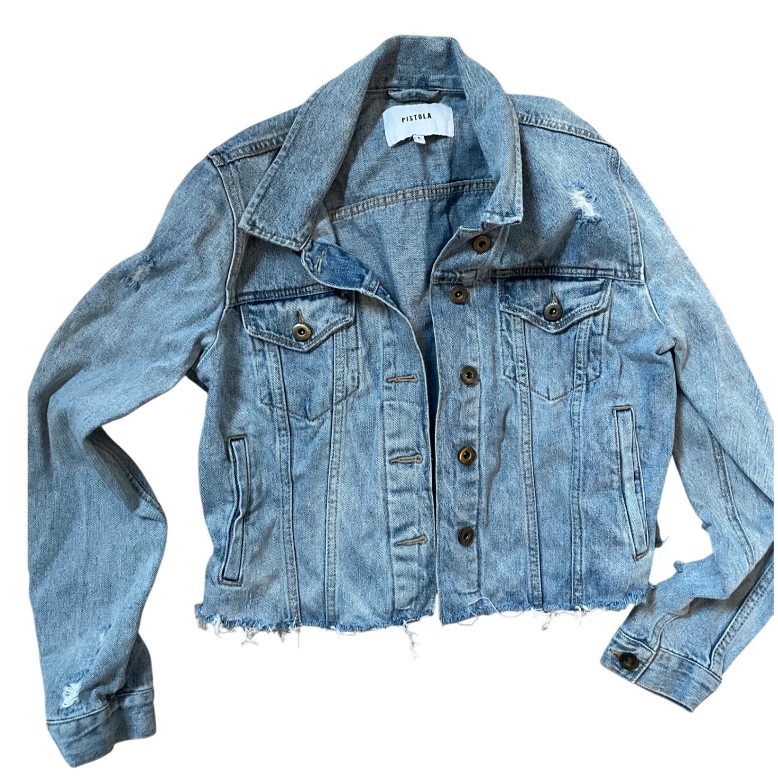 Women's Pistola cropped fray hem distressed jean jacket size large