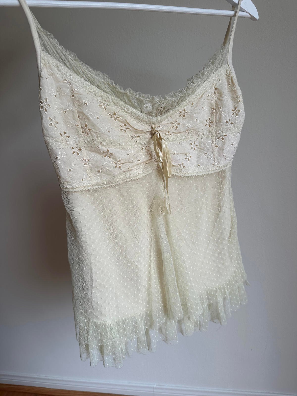 Coquette Lace Ribbon Broderie Anglaise Polka Dot Ruffle Cami Top
