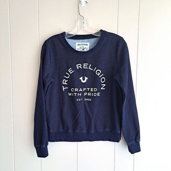 True Religion Sweatshirt Pullover Top Crafted With Pride Logo Blue Stretch XS