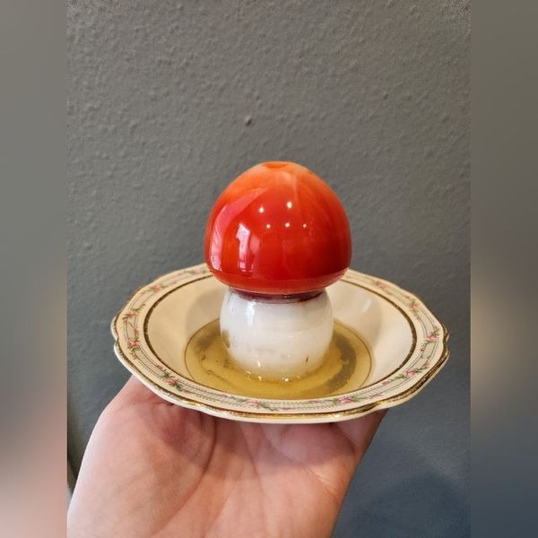 Upcycled Vintage Plate Resin Mushroom Floral Ring Holder Trinket Dish Tray