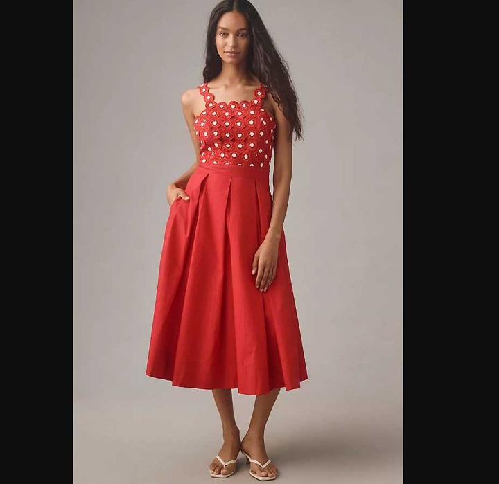 New women's 12 Maeve x Anthropologie halter poplin red crochet midi dress