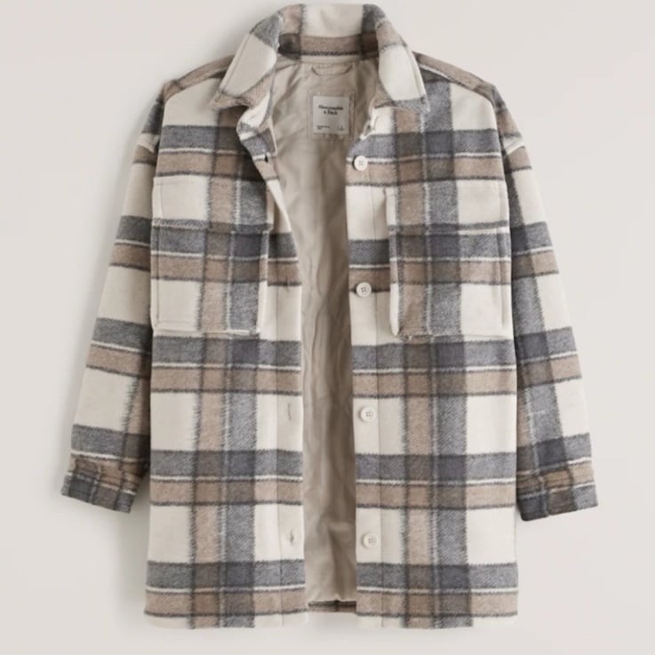 ABERCROMBIE & FITCH Oversized Cozy Jacket Cream Gray Tan Plaid NWT S Small 140