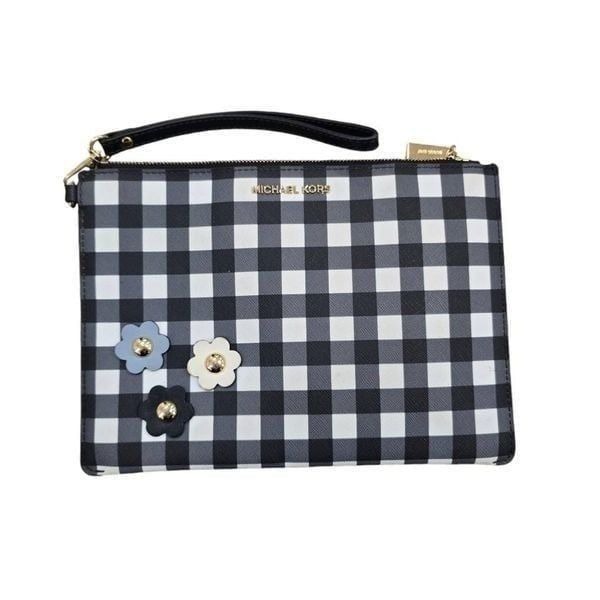 Michael Kors Wristlet Bag Women's Large Black White Gingham Designer Zip Pouch
