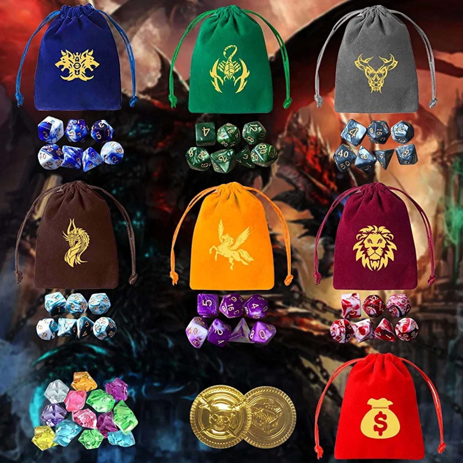 DND Dice Set 42 Pcs RPG MTG with 7 Drawstring Bags, PU Leather Velvet Dice Tray