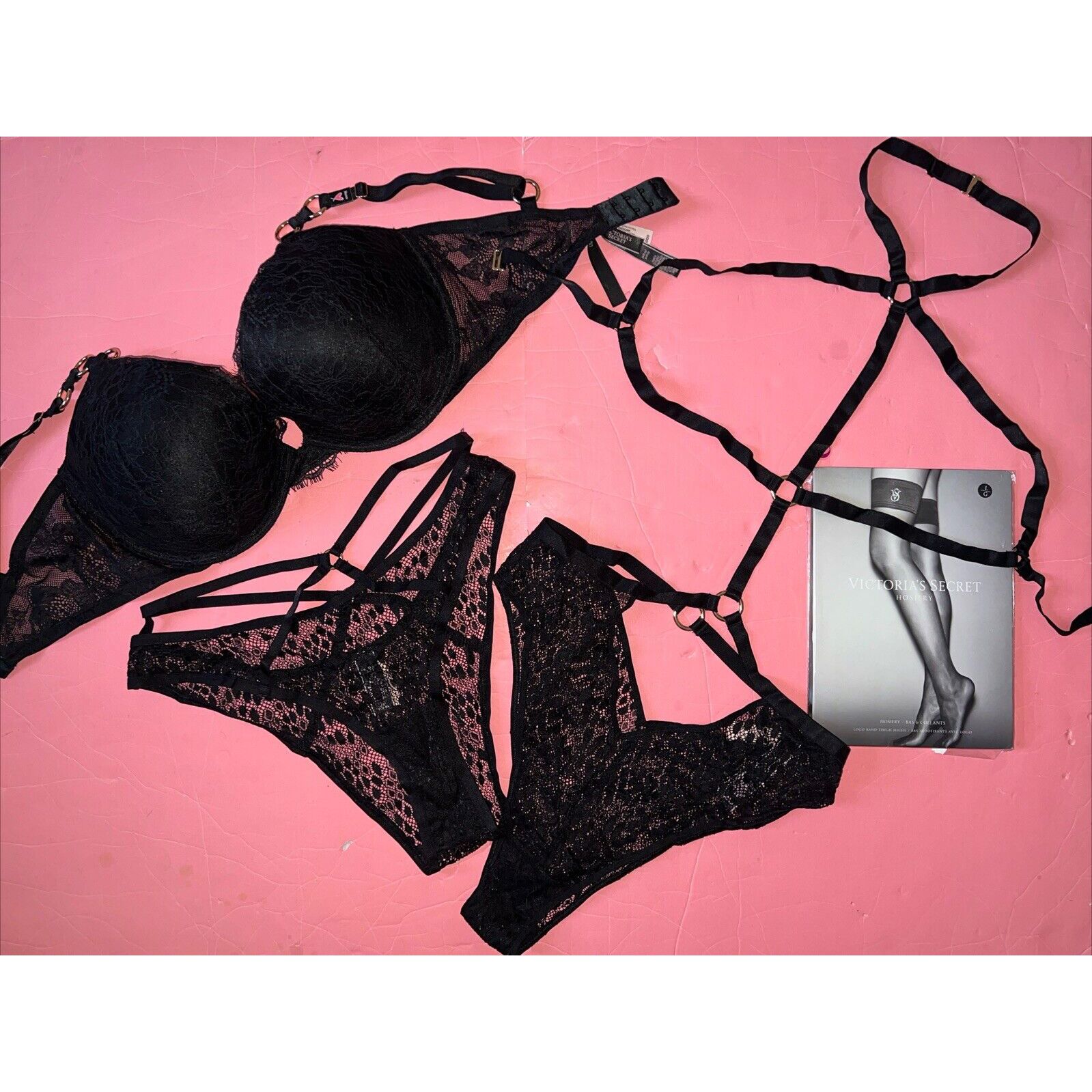 Victoria's Secret 36C,36DD,36DDD BRA SET+L TEDDY playsuit HIGH-NECK BLACK lace