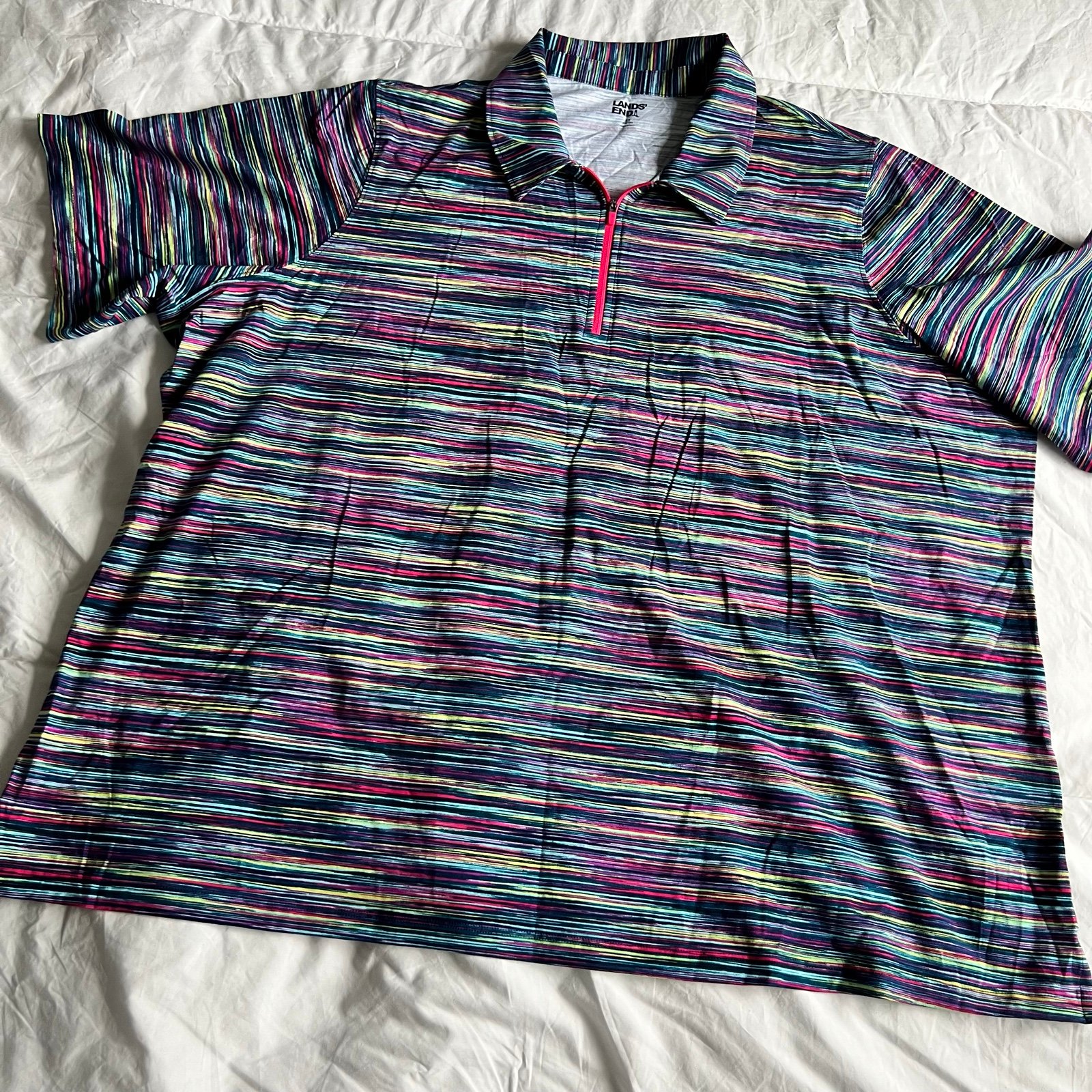 Lands end short sleeve polo collar tee shirt golf multicolor zipper 3x
