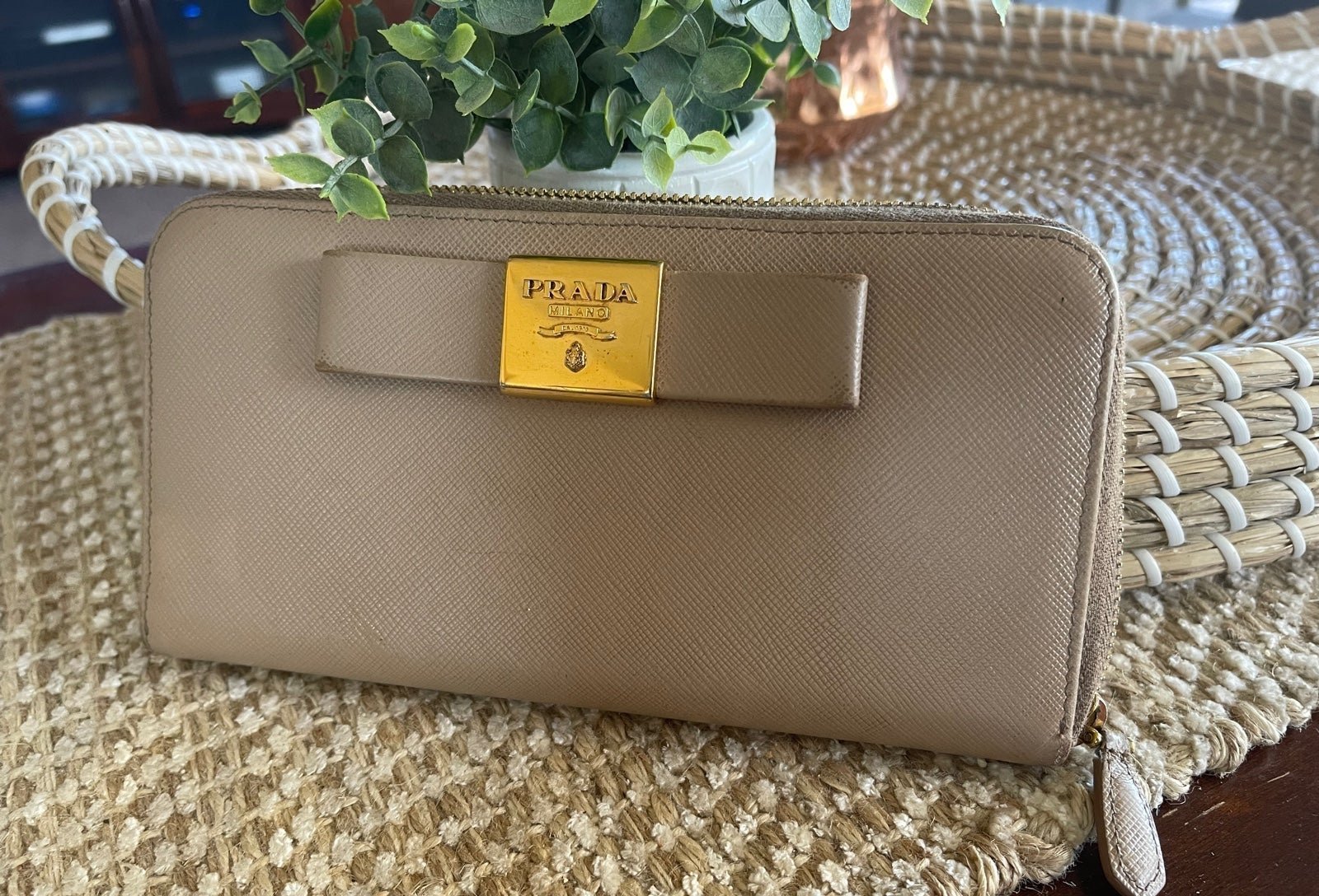 Prada beige saffiano leather ziparound Wallet