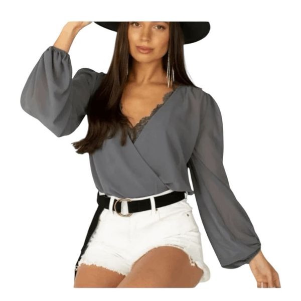 Mia Joy Joyfolie Glennon Surplus Bodysuit Slate Gray Sheer Bubble Long Sleeve XS