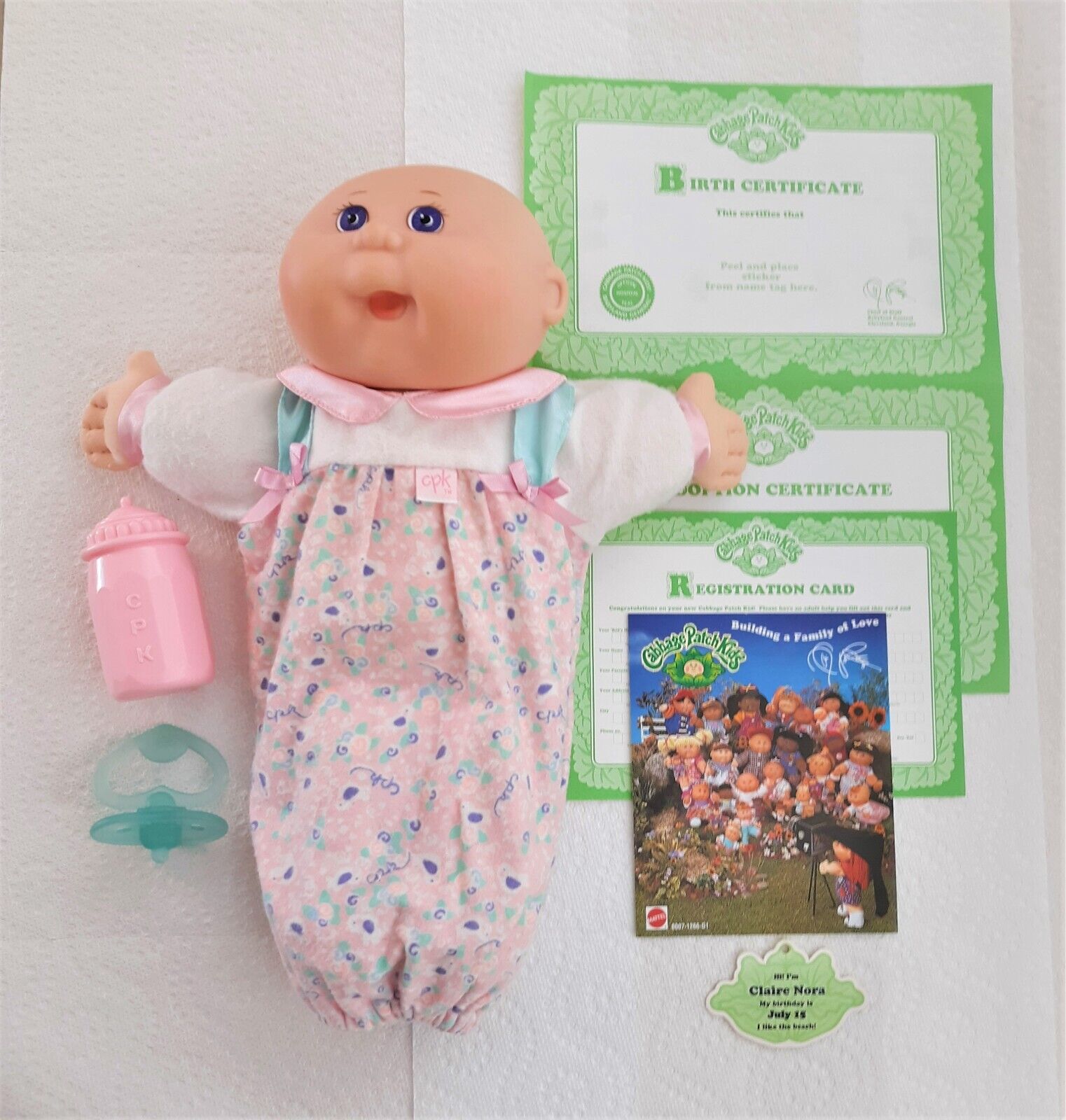 CABBAGE PATCH KIDS BABY GIRL DOLL BALD WITH ACCESSORIES & PAPERS MATTEL 1995