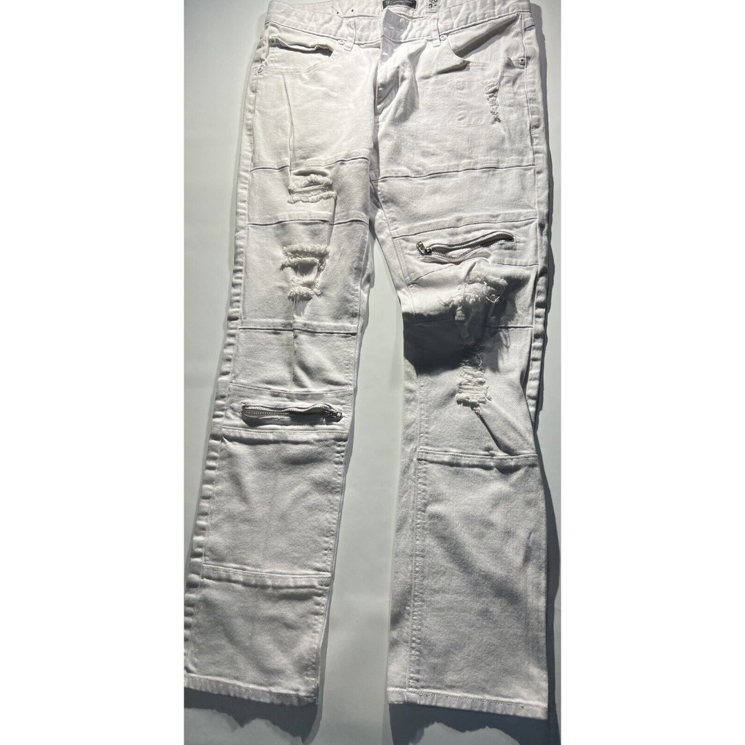 VTG INC White Denim Jeans 36x34 Mens Distressed With Zippers Y2K EUC Ripped