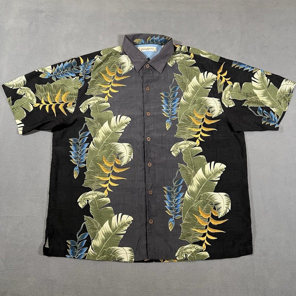 Tommy Bahama Silk Hawaiian Shirt Mens XL Black Gray Green Floral Button Up