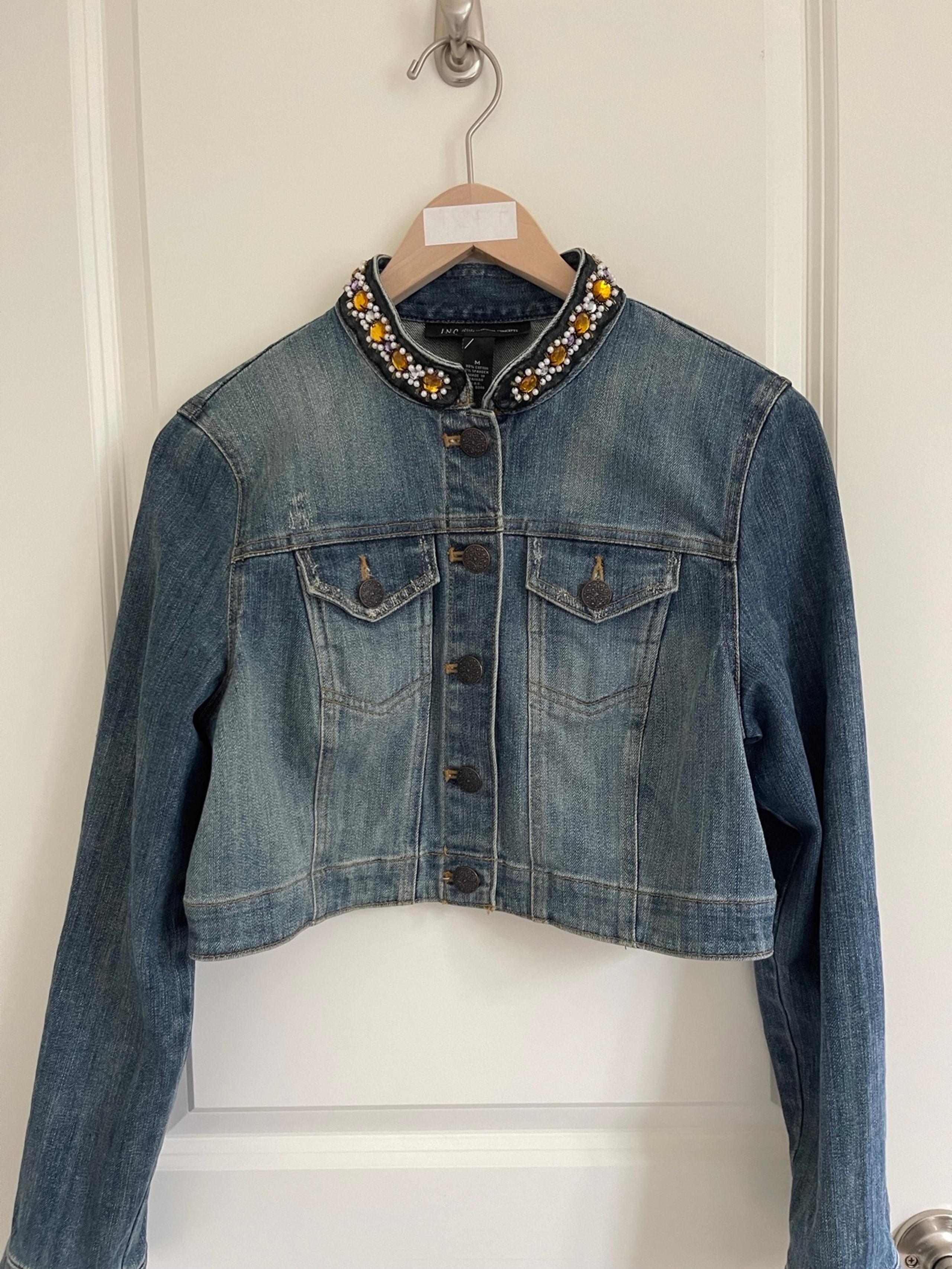 Inc International Concepts  Denim Jacket Womens M Blue Jean Pearls Embellished