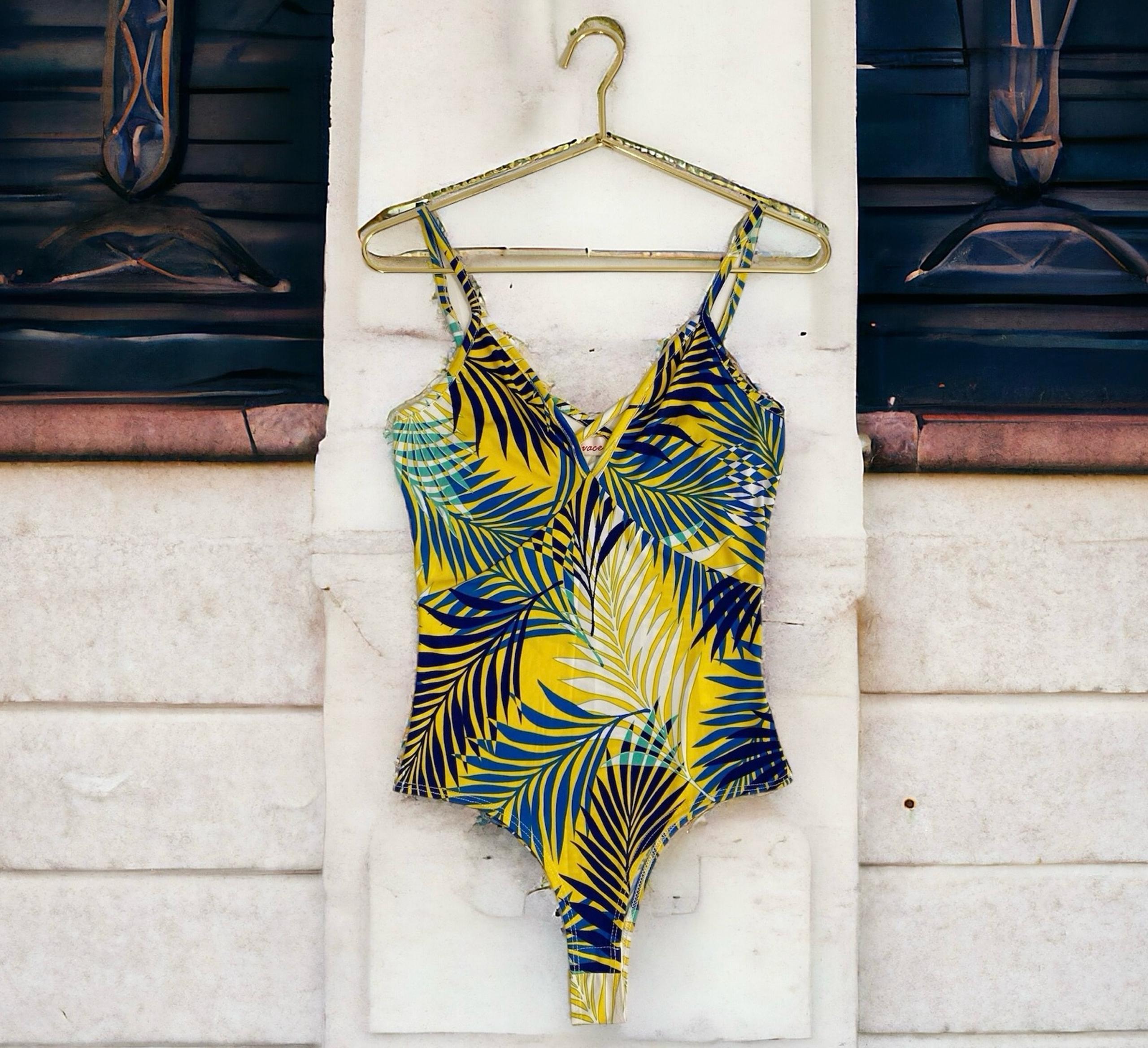 Vivace Boutique Yellow/Blue Palm Leaf Print Tank Top Bodysuit Women’s S (2/4)