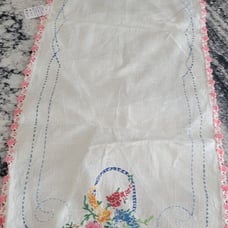 Vintage linen short table runner with embroidery