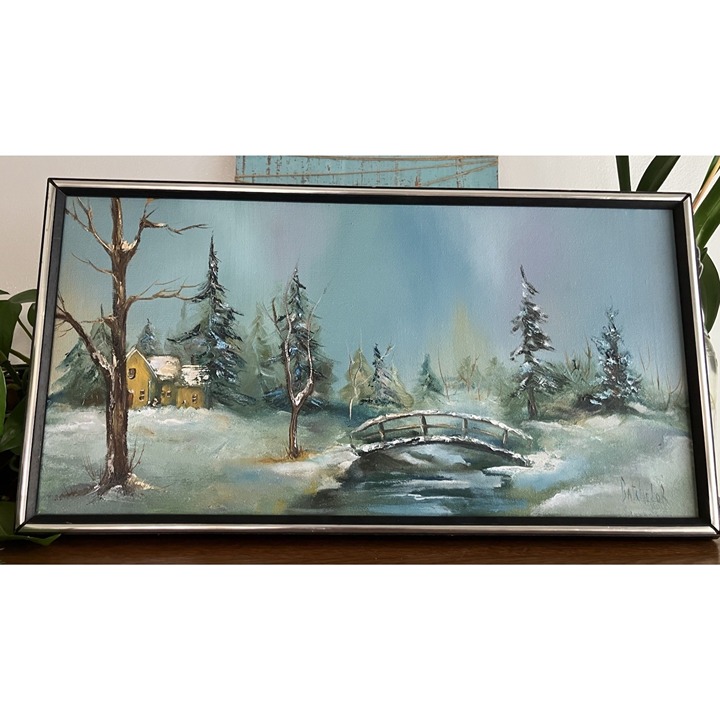 Vintage 24” Winter Forest Snow Aurora Borealis Oil Painting Signed Batchelor