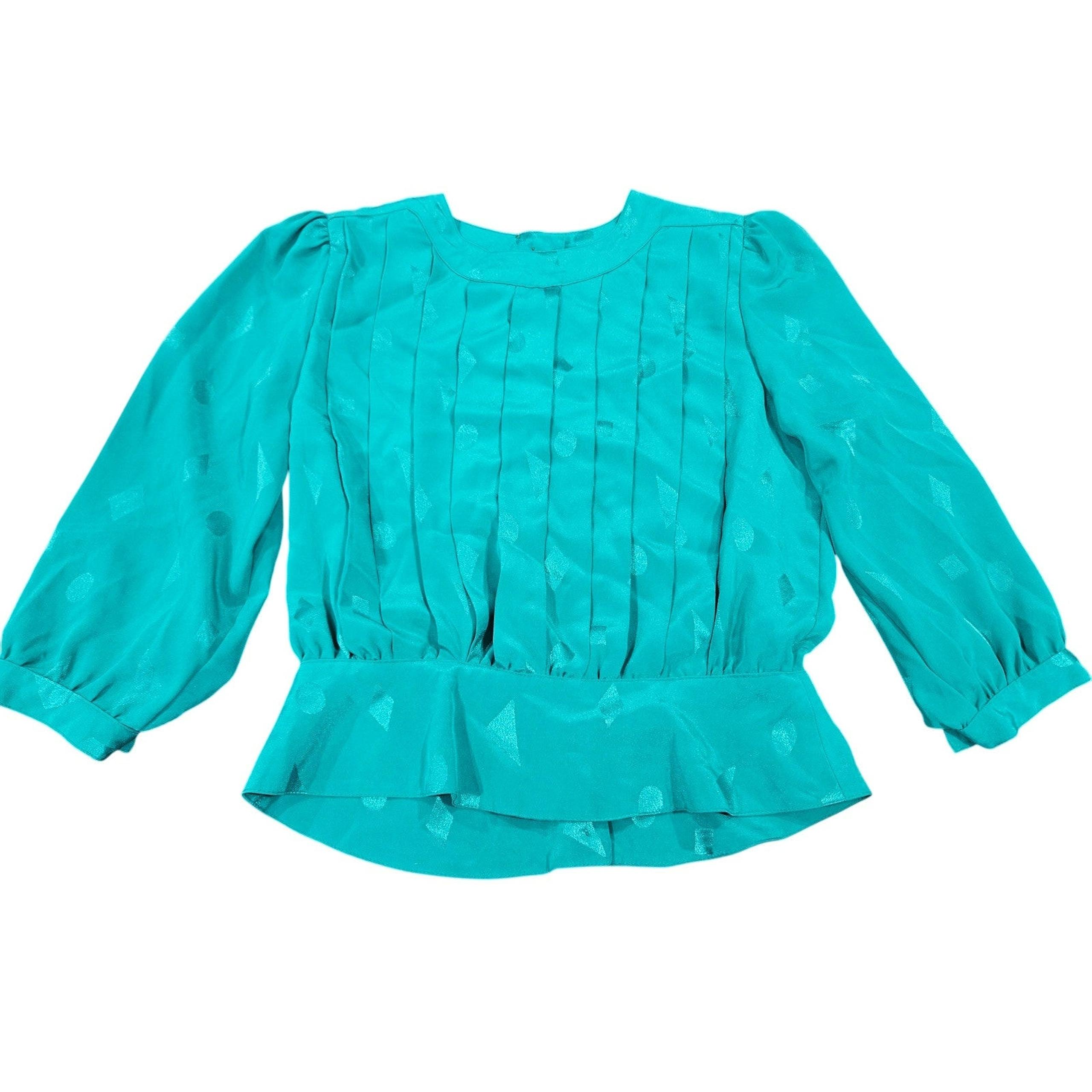Vintage 90's Giovanni Petites Turquoise Pleated Peplum Blouse Top Size 10 10P