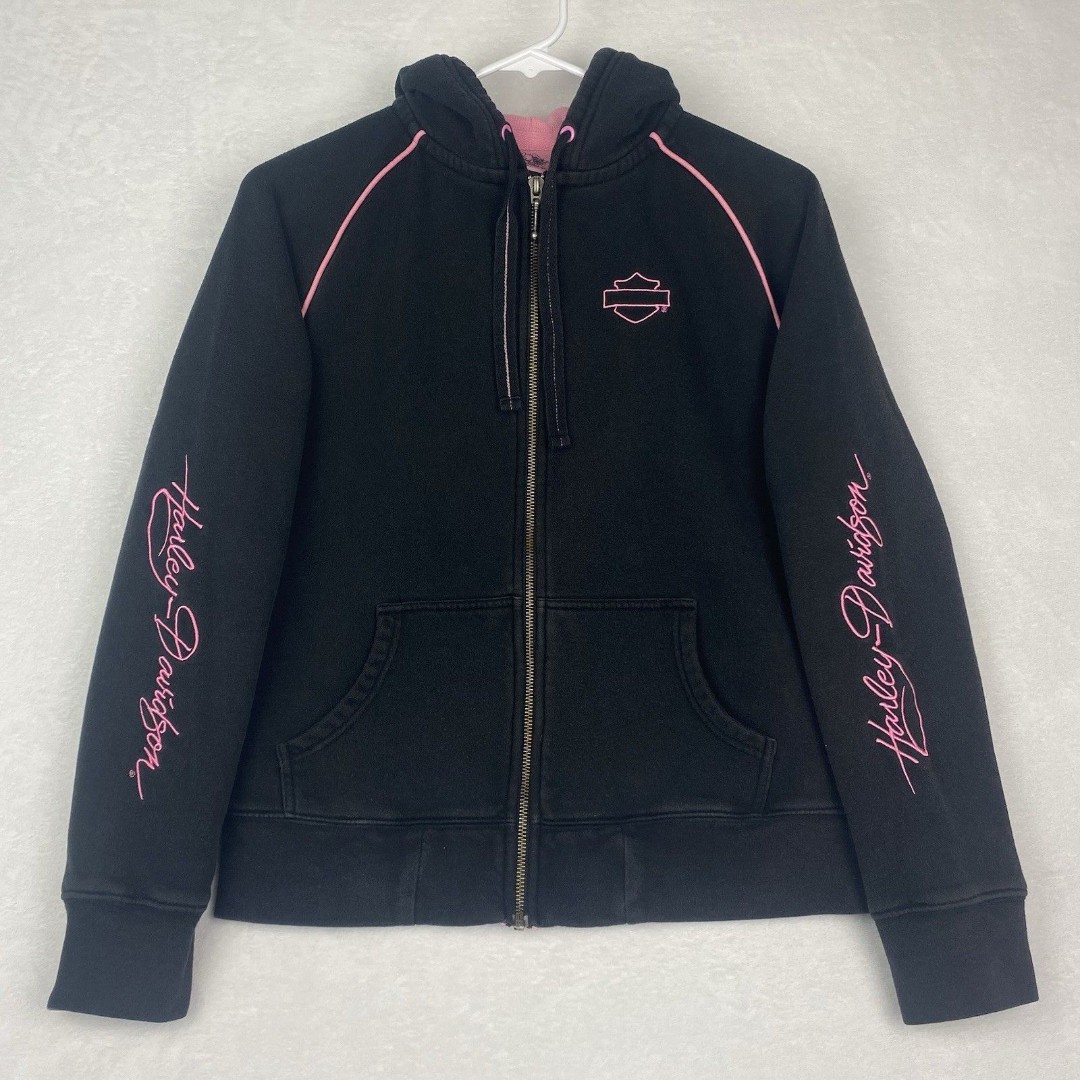 Harley Davidson Zip Up Sweater Womens Medium Black Pink Hooded Sweatshirt
