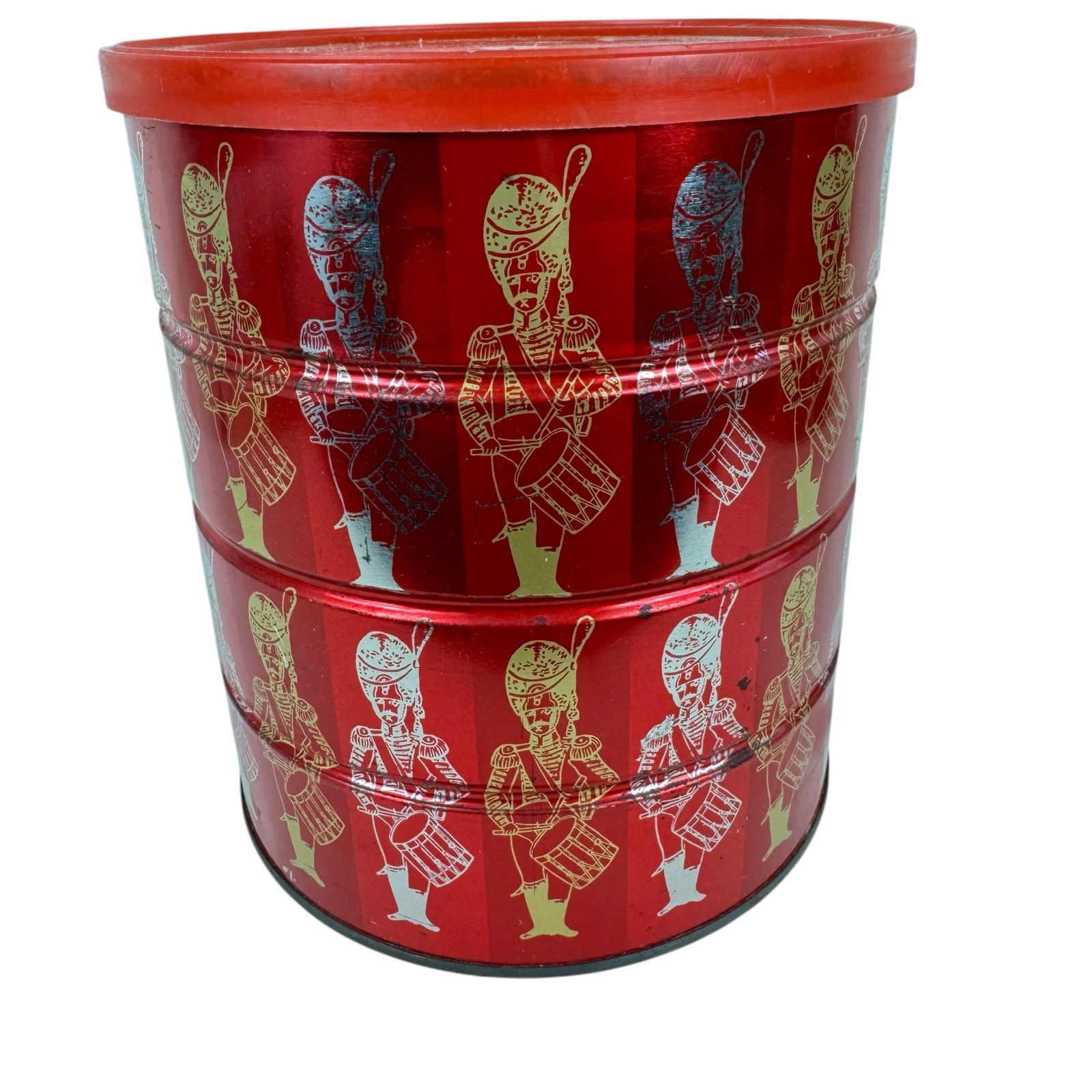 Hill Bros Co. 1966 Vtg Red Soldiers Drumming Holiday Tin 3# Coffee Can With Lid