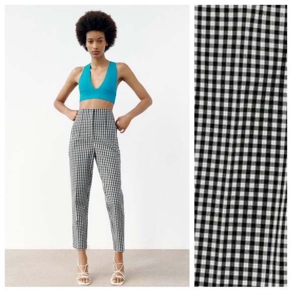 NWT. Zara Black/White Checked High-Waisted Trousers. Size S.