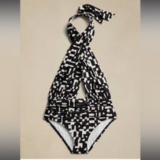 NWT Banana Republic Women’s XL Black Geometric One Piece Swimsuit Halter Plunge