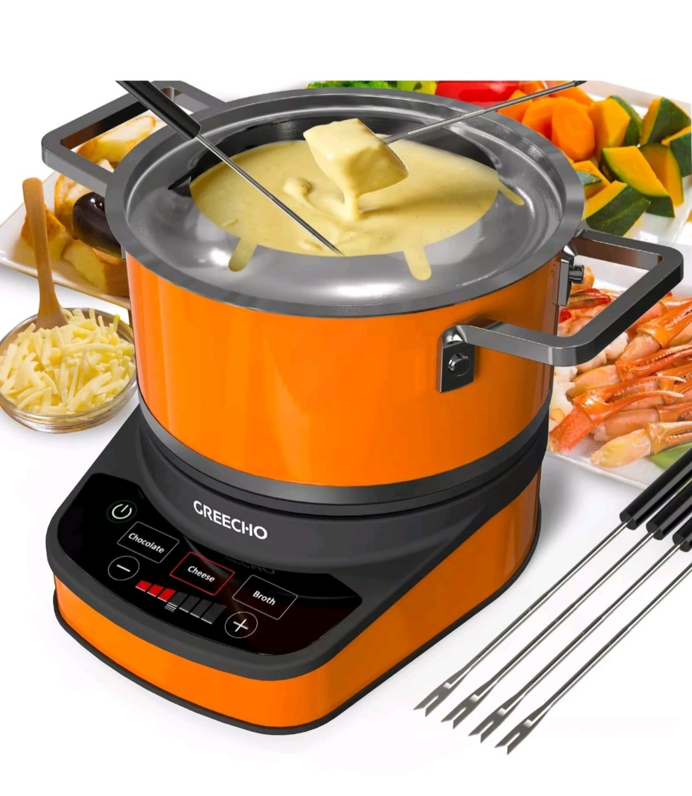 New GREECHO Electric Fondue Pot Set 2.6 Qt Stainless Steel Orange