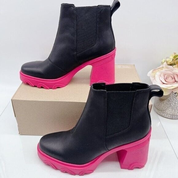 Sorel Brex Waterproof Platform Heel Chelsea Boot Bootie Black/Cactus Pink US 8.5