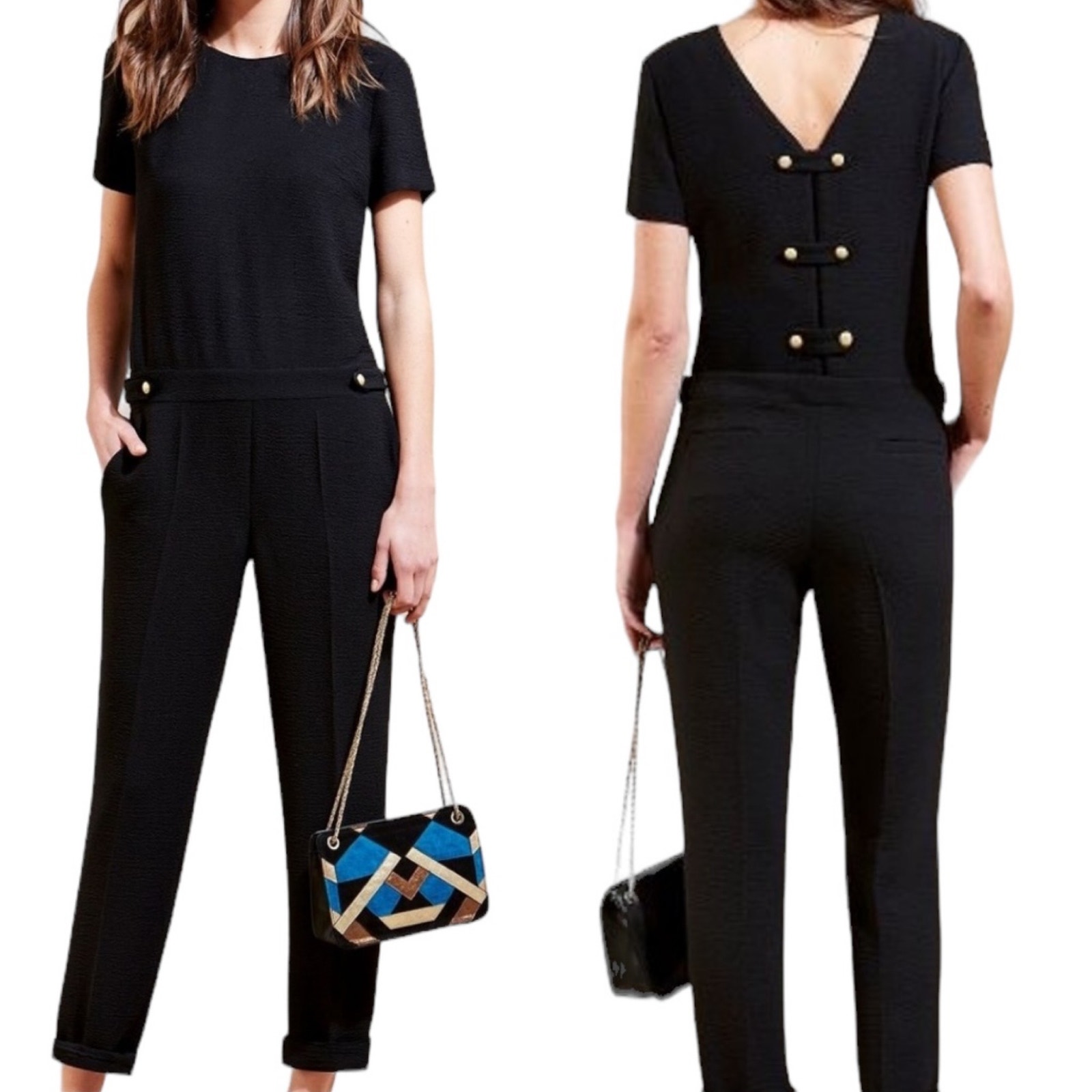 NWT Sezane Combi Pantalon Elena Black Jumpsuit Straight Leg Slim Size 10