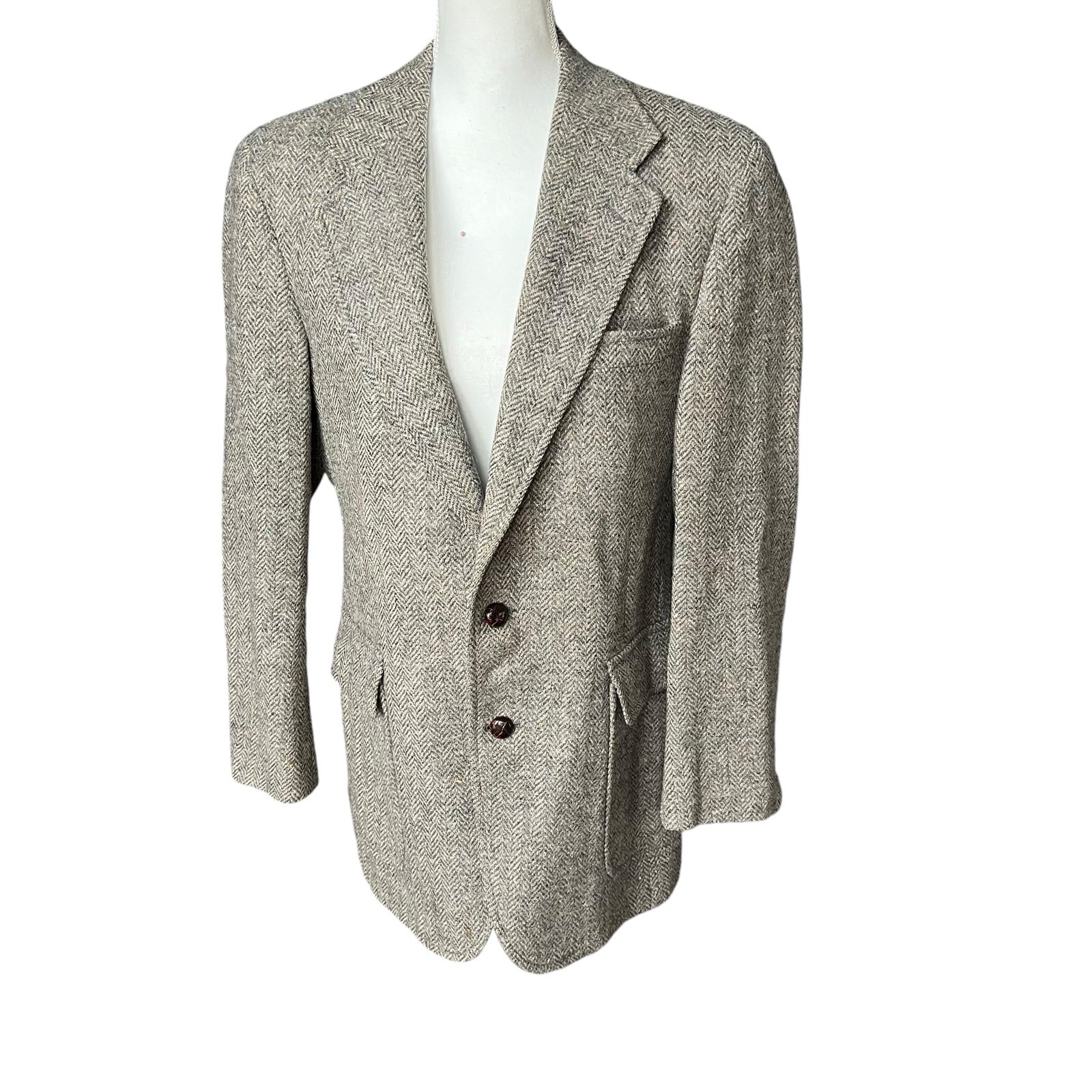 VTG B J Keats tweed 2 leather button sport coat blazer men medium gray jacket