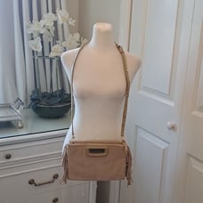 Maje Womens Beige Suede Duo Clutch/Crossbody Purse Side Fringe/Gold Snaps/Zipper