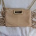 Maje Womens Beige Suede Duo Clutch/Crossbody Purse Side Fringe/Gold Snaps/Zipper