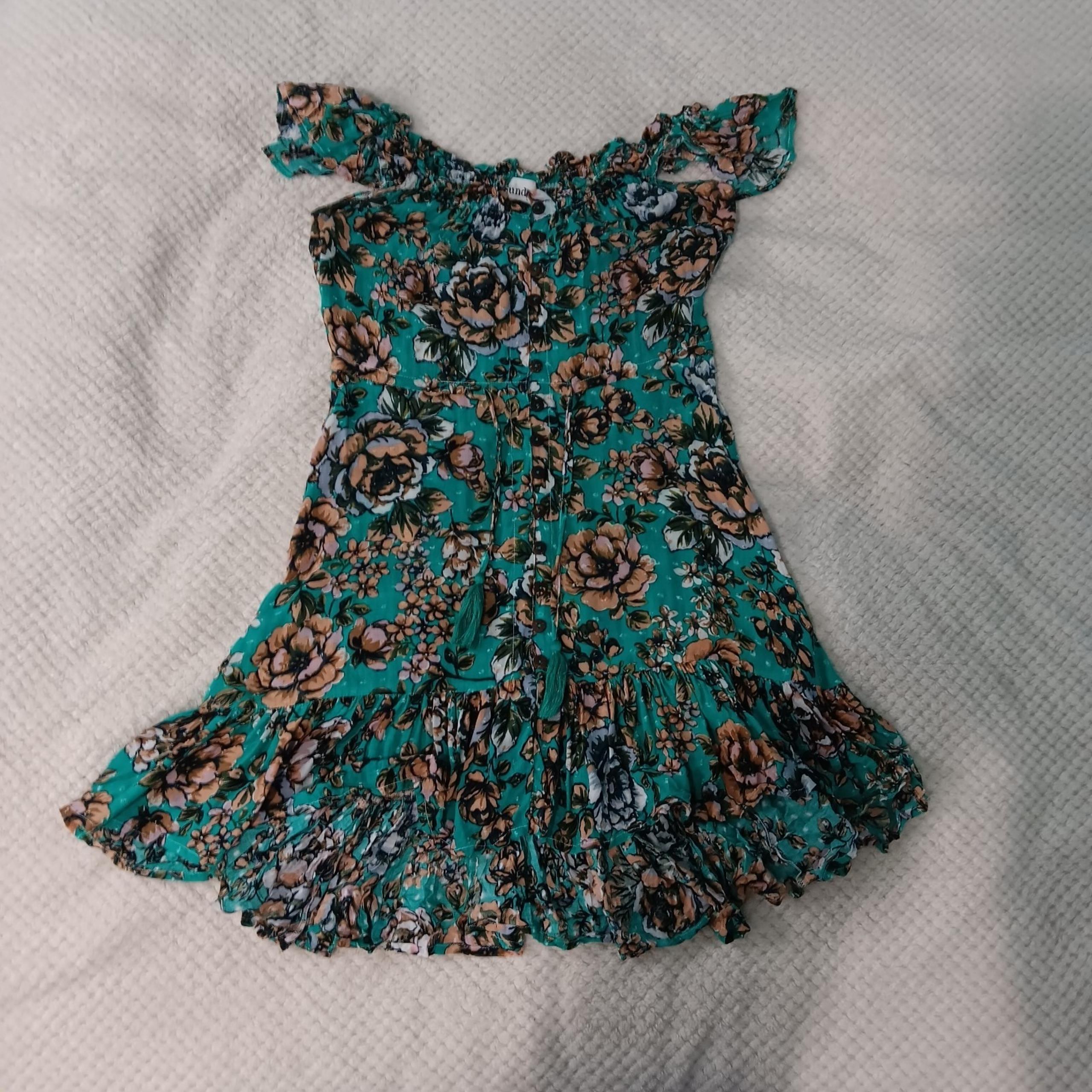 Green Floral Boho Bohemian Ruffle Mini Dress By Sundays Small