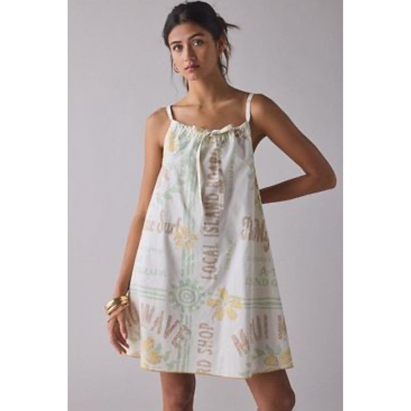 NWT Urban Outfitters BDG Eva Tie-Front Ruched Strap Trapeze Mini Dress M Yellow