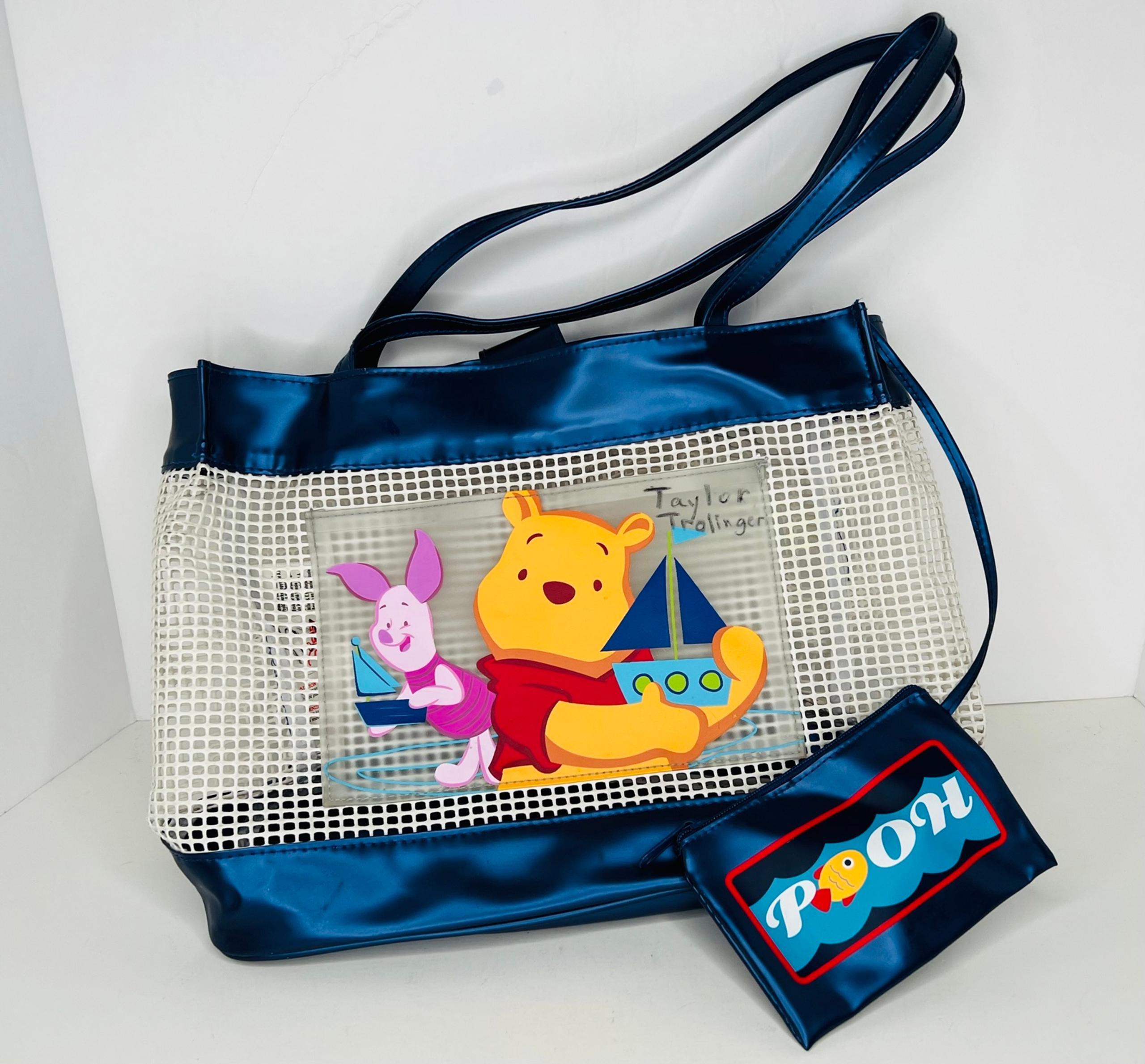 Disney Store Winnie The Pooh & Piglet Pool Beach Bag Tote Blue Mesh *Has Name*