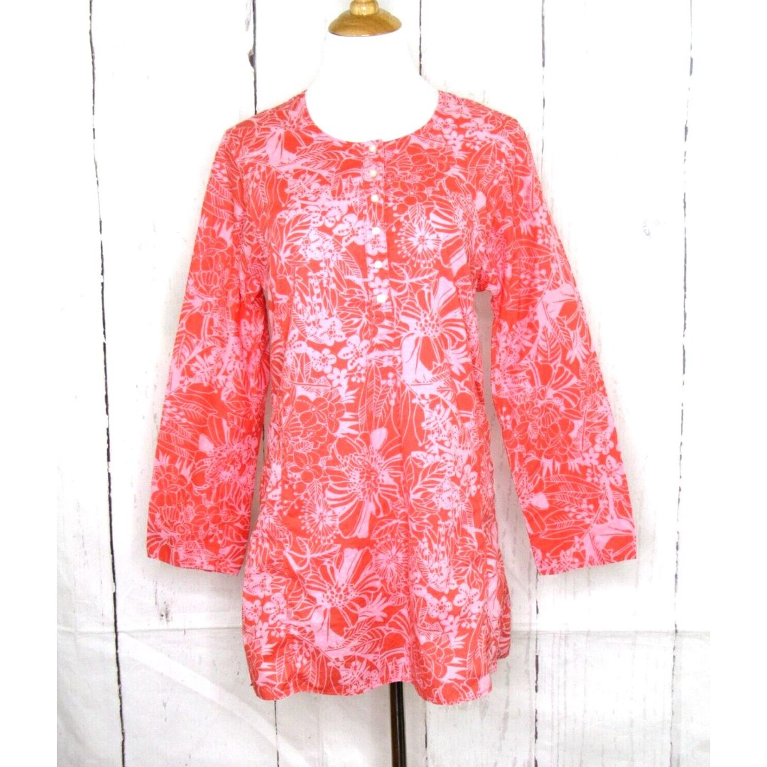 J. Crew Women's Size M Long Sleeve Tunic Top 1/2 Button Cotton Coral Pink Floral - J.Crew