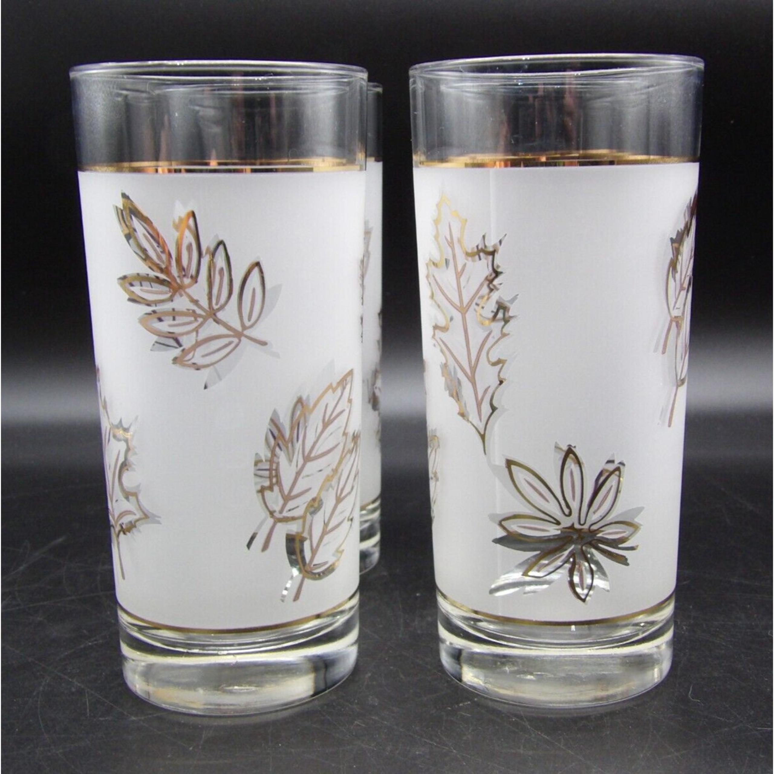 Libbey Glass Co 12 Oz Flat Tumbler Frosted Gold Outlined Leaves & Bands Set of 4