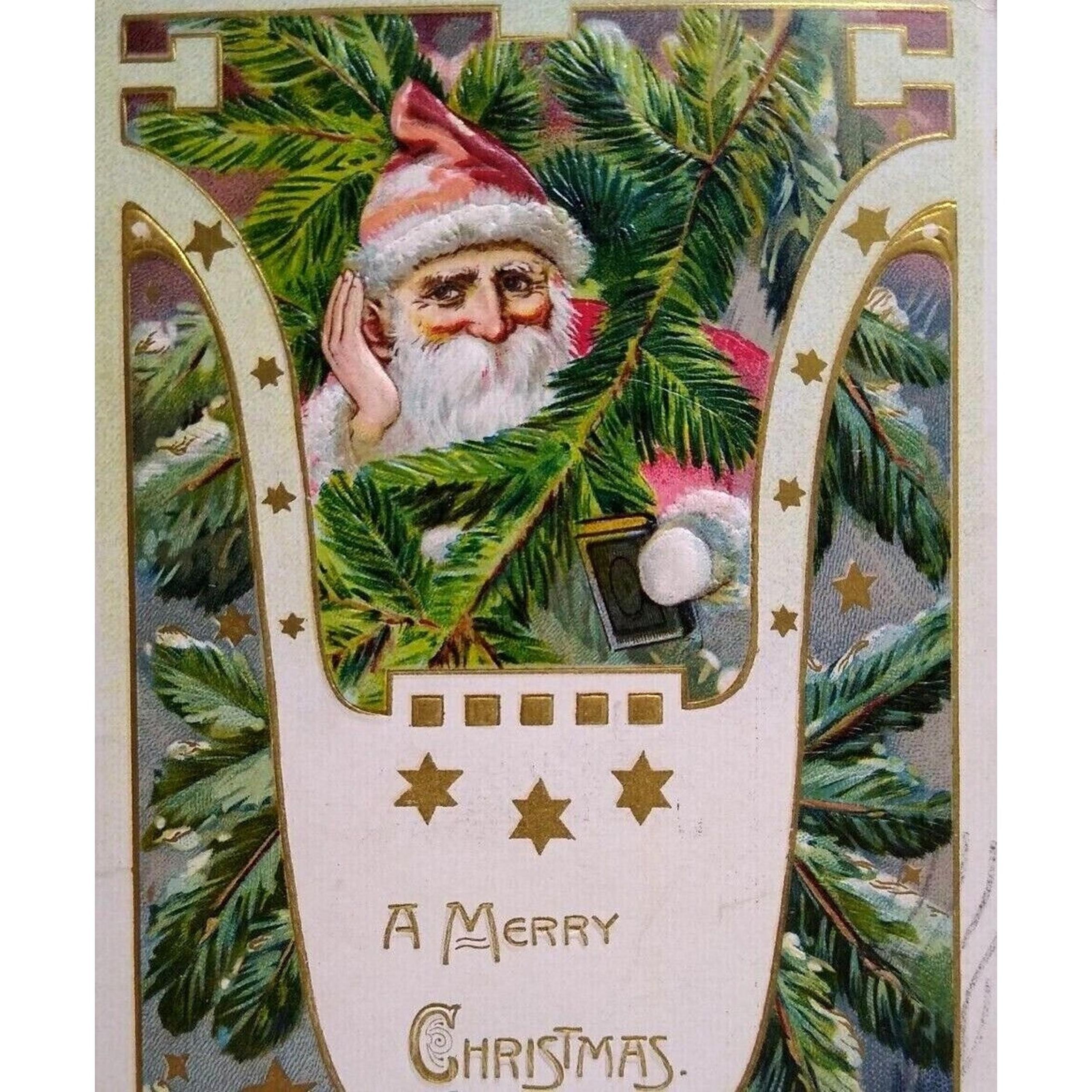 Santa Claus Christmas Postcard 1909 Peeking Behind Tree Branch Tucks Series 505