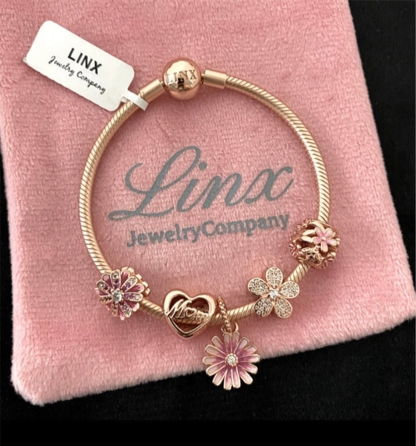 Linx Rose Gold Snake Chain Bracelet with Mom Themed Charms
