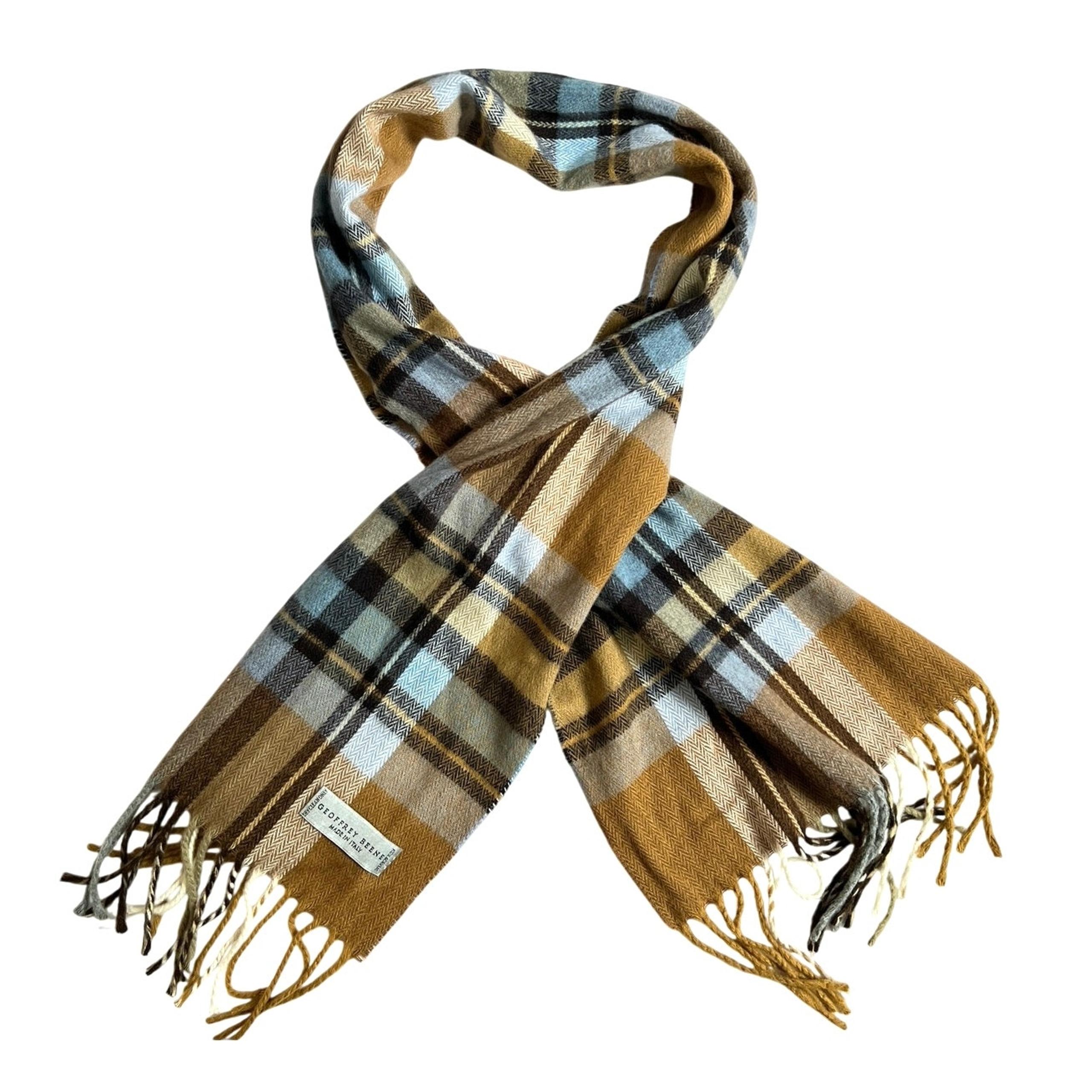 Geoffrey Beene Camel Tartan Plaid Fringe Scarf Made in Italy
