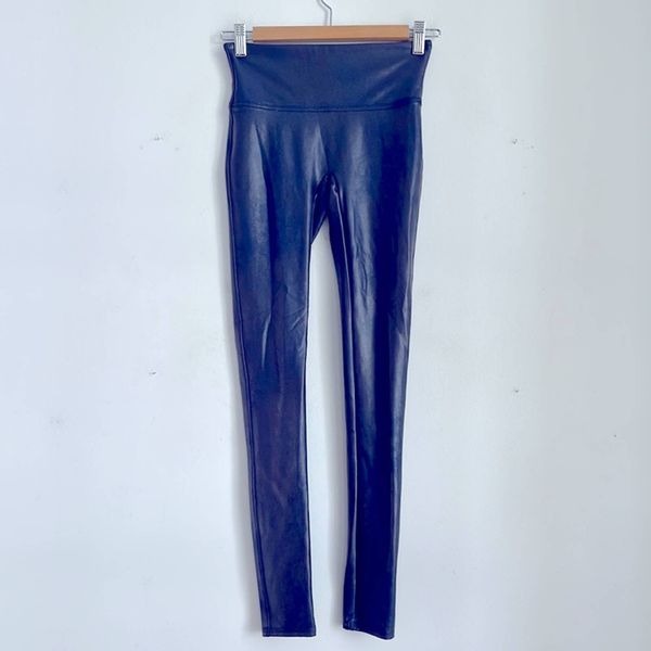 Spanx faux vegan leather shimmer coated wide waist band leggings sz S