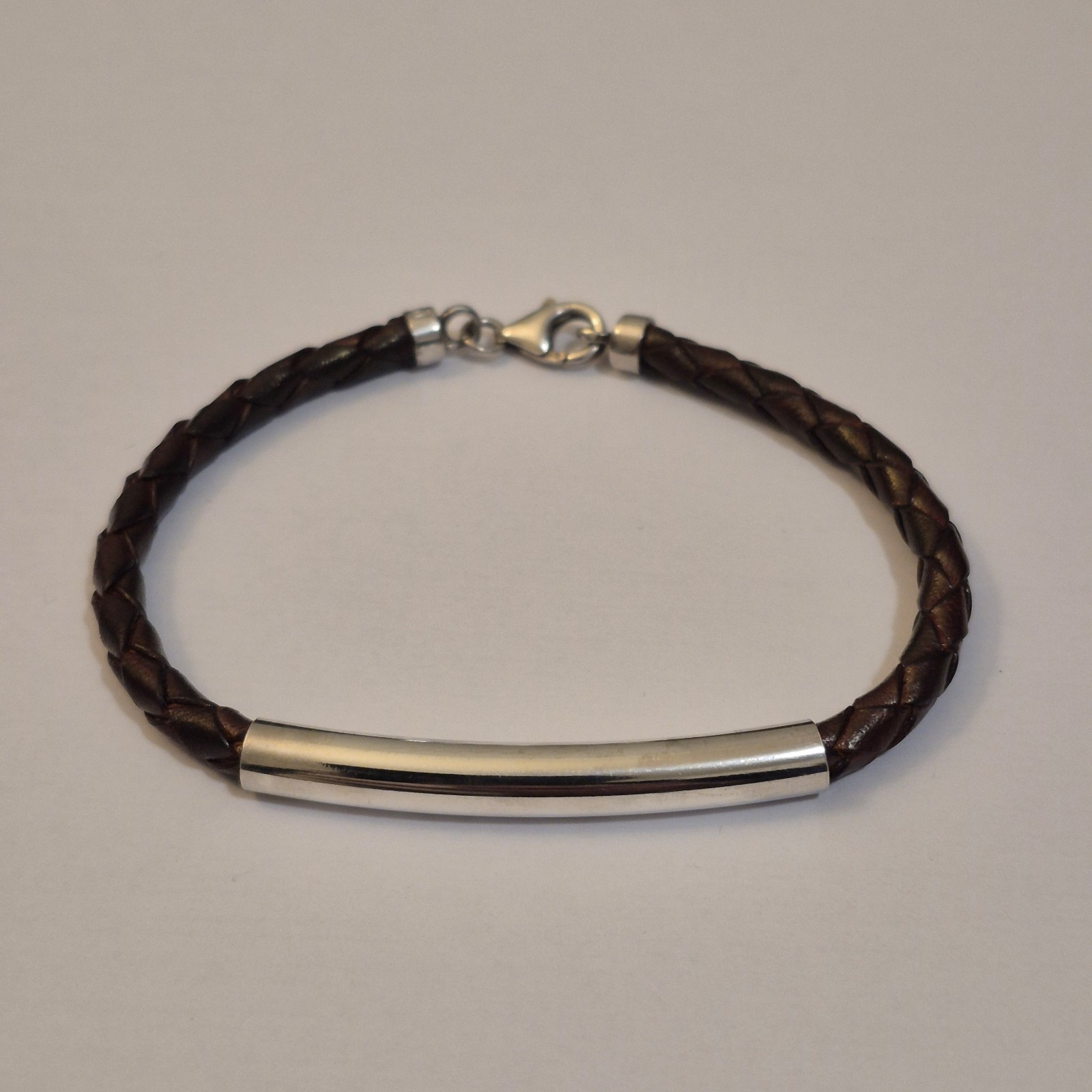 Signed SJ Sterling Silver & Brown Braided Leather Bracelet with Bar Accent.