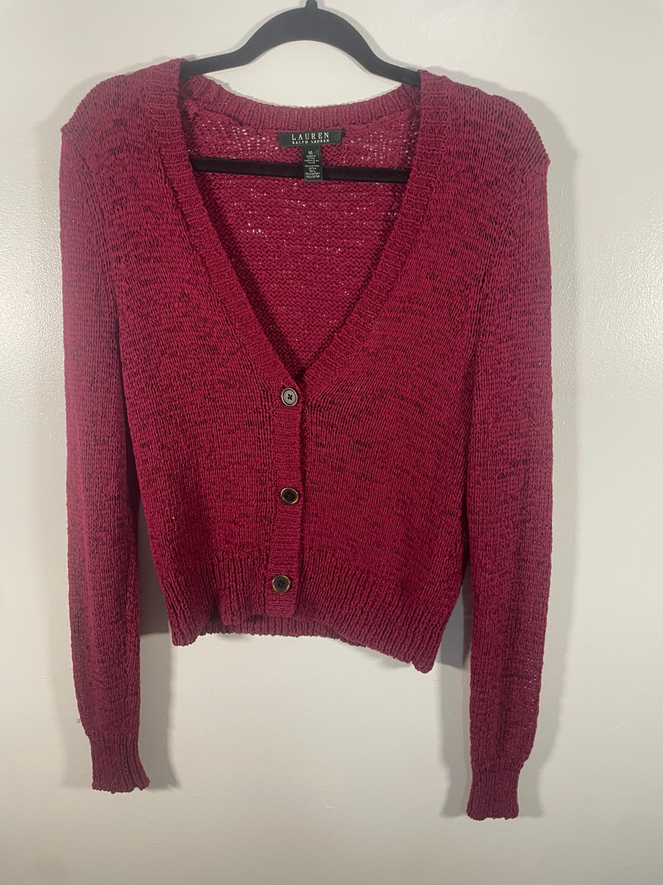 Lauren Ralph Lauren Red Cardigan Sweater M V-Neck Loose Knit Stitch 3 Button