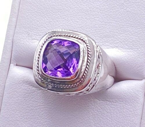 PRIMA NEW YORK STERLING SILVER 925 CHECKERBOARD CUSHION CUT AMETHYST RING SZ 6.5