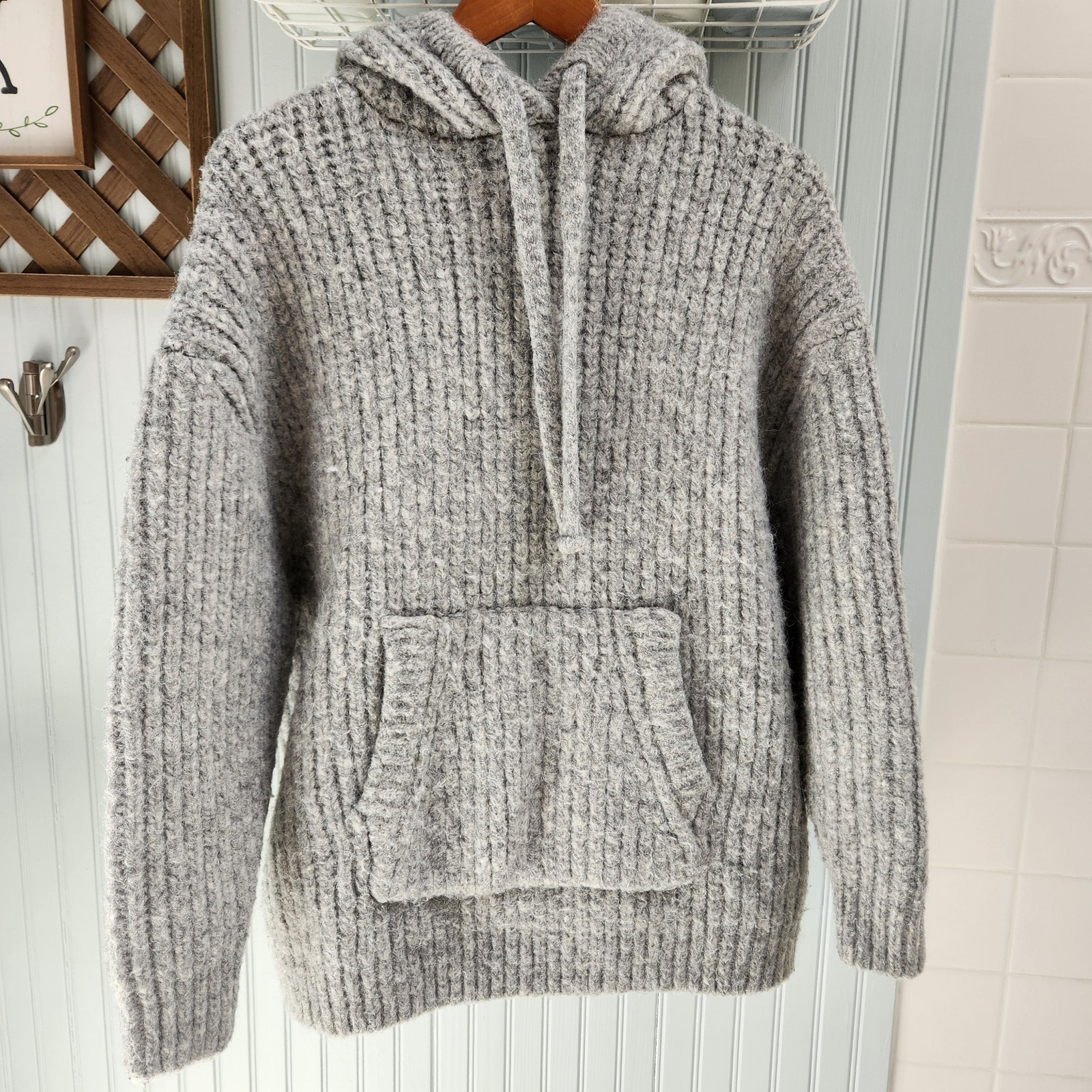 Zara Oversized Jacquard Grey Chunky Knit Sweater Hoodie