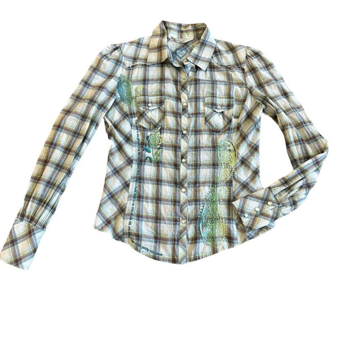 Johnny Was 3J Workshop Plaid Snap Down Embroidered Shirt Venice Boardwalk Medium