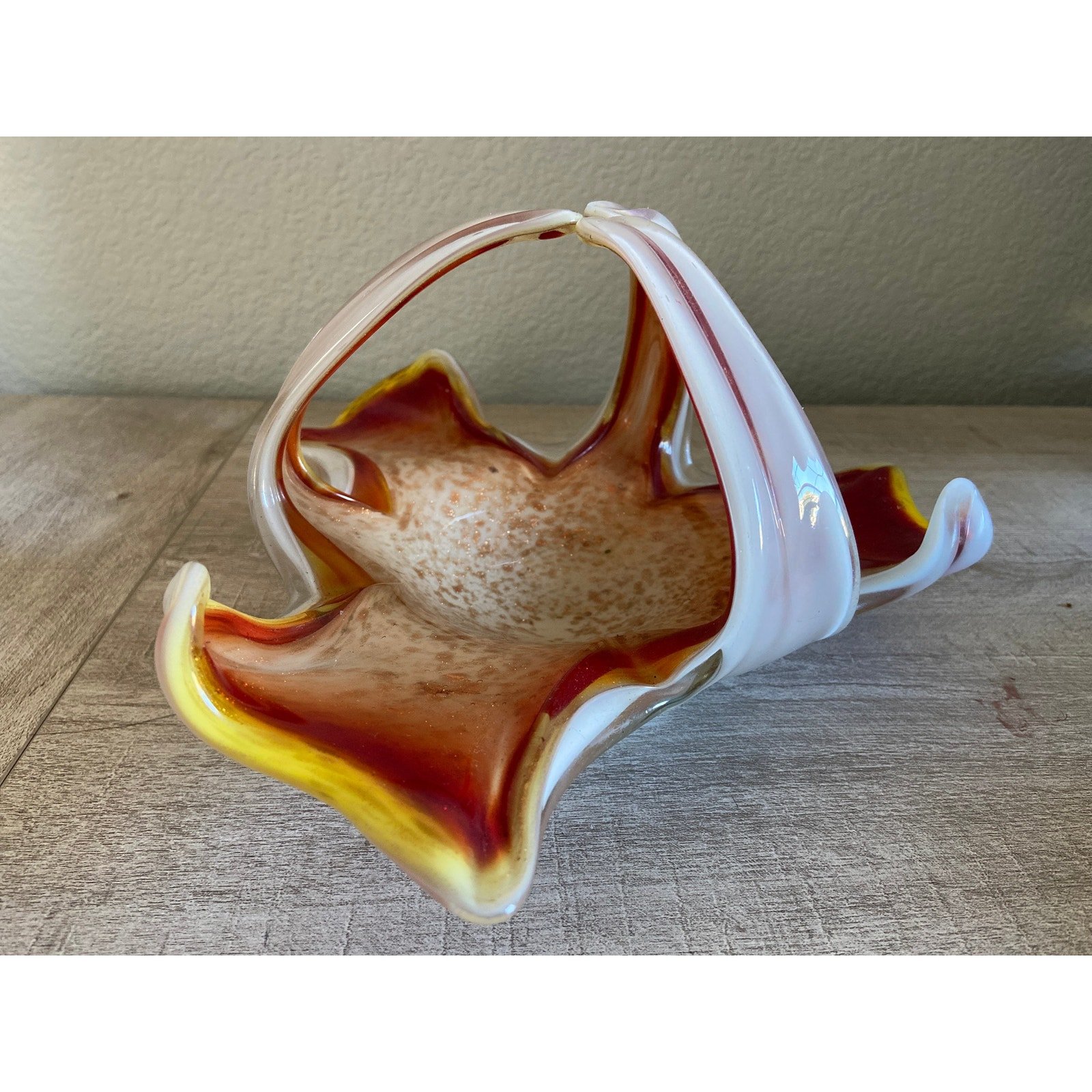 Vintage Murano Italian Art Glass Bowl Triple Pulled Handle Red Yellow White