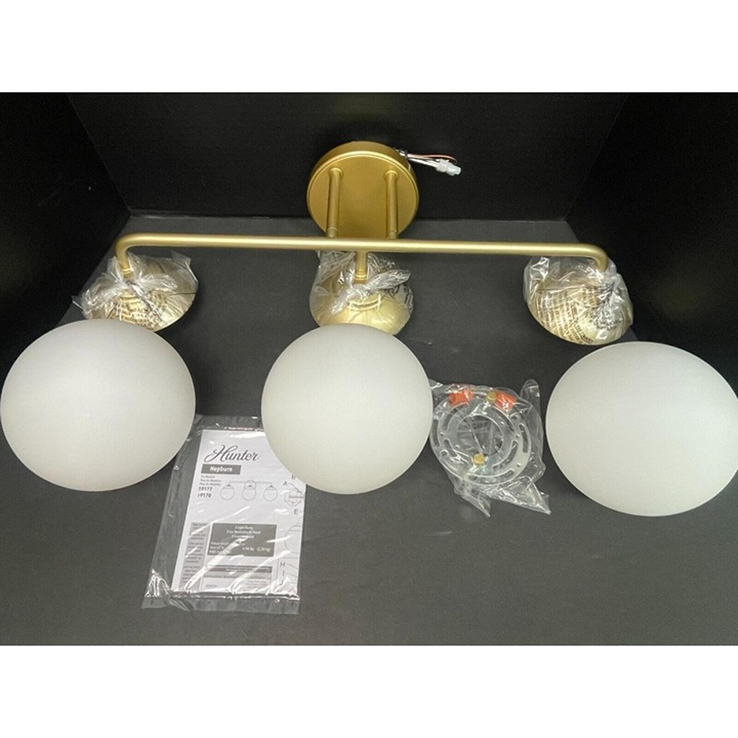 NEW Hunter Hepburn 3 Light Vanity Brushed Gold Frosted Glass Wall Mount Only